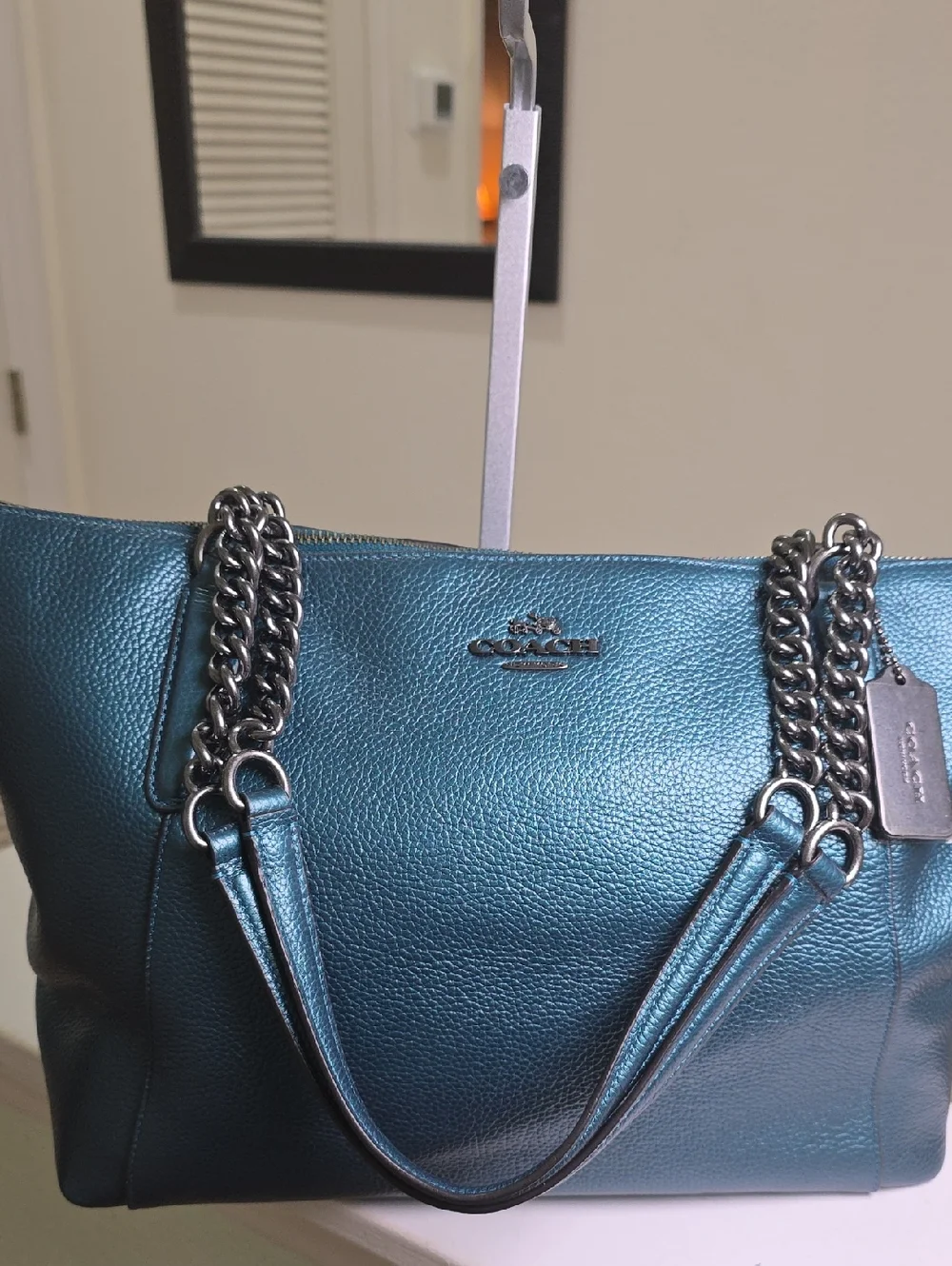 COACH F22208 Ava Chain Tote in Metallic Teal/Gunmetal EUC - Picture 2 of 16